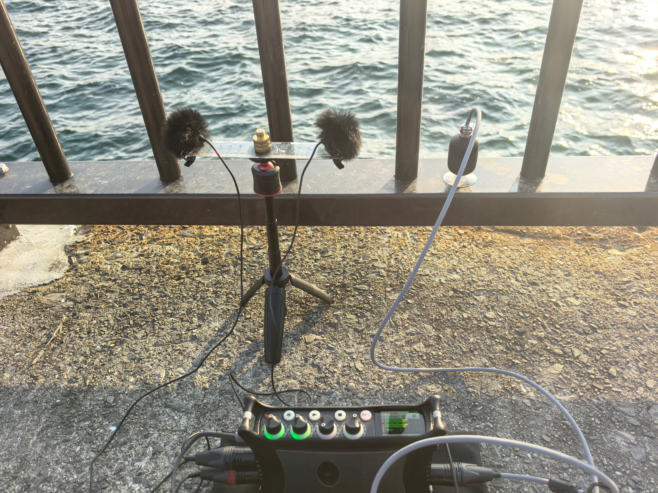 Field recording equipment by the water